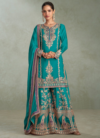 Chinnon Teal Green Wedding Wear Embroidery Work Readymade Sharara Suit 385699