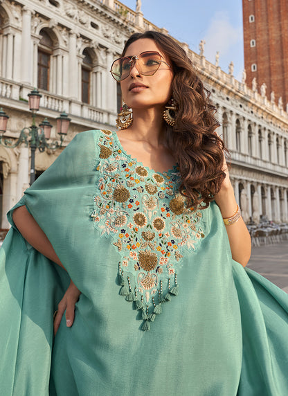 Crepe Silk Mint Green Festival Wear Embroidery Work Readymade Plazzo Suit 385705