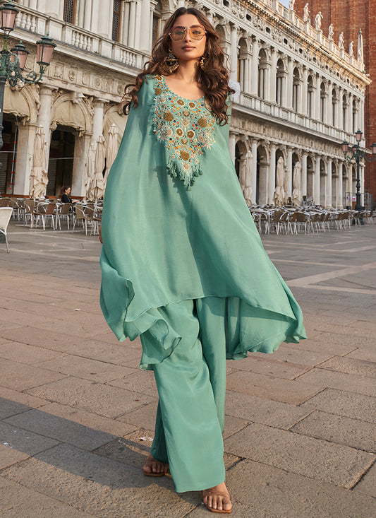 Crepe Silk Mint Green Festival Wear Embroidery Work Readymade Plazzo Suit 385705