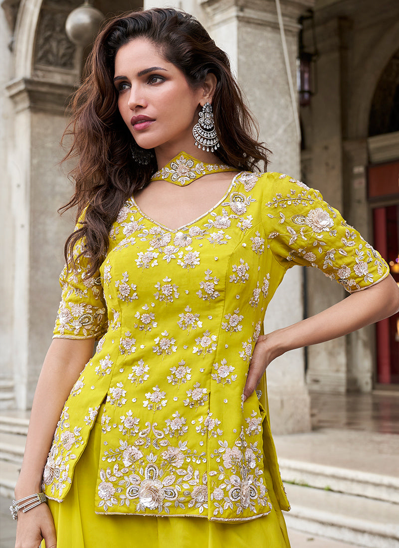 Organza Lime Green Party Wear Embroidery Work Readymade Plazzo Suit 386338