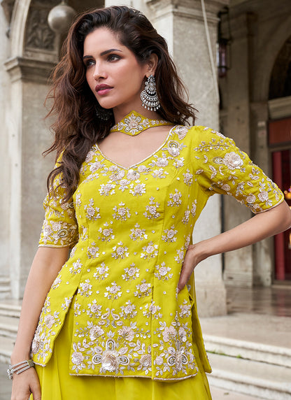 Organza Lime Green Party Wear Embroidery Work Readymade Plazzo Suit 386338