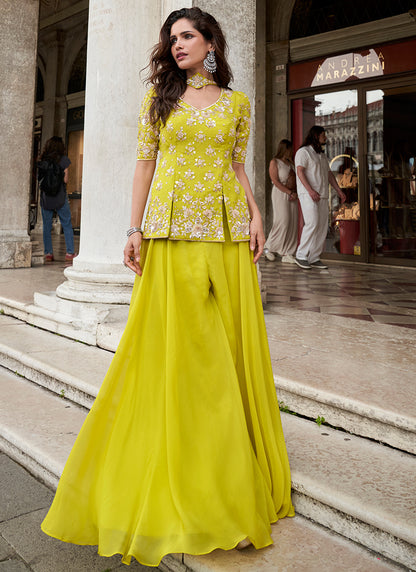 Organza Lime Green Party Wear Embroidery Work Readymade Plazzo Suit 386338