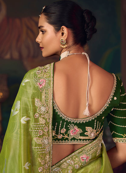 Silk Green Wedding Wear Embroidery Work Saree 386915