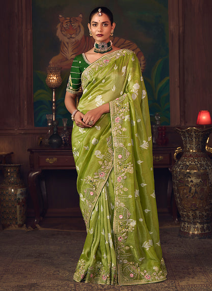 Silk Green Wedding Wear Embroidery Work Saree 386915