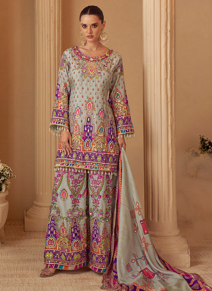Multi Color Natural Crepe Silk Printed Work Festival Wear Readymade Plazzo Suit SW593990