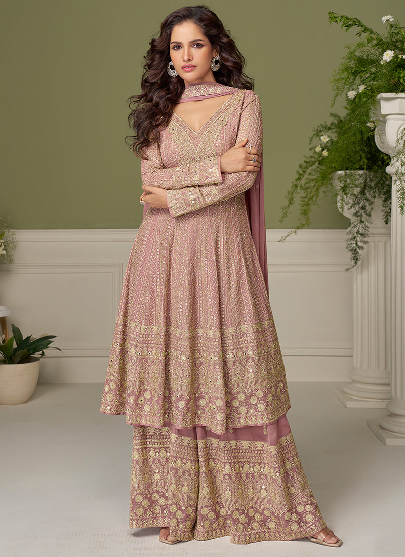 Dusty Rose Georgette Sequins Work Wedding Wear Readymade Plazzo Suit SW868808