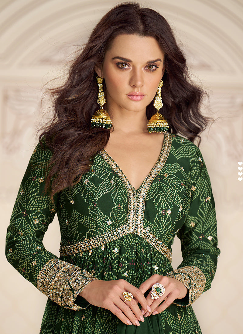 Green Silk Printed Work Wedding Wear Readymade Anarkali Suit SW387348