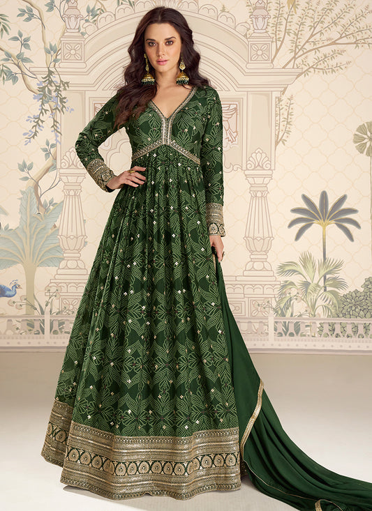 Green Silk Printed Work Wedding Wear Readymade Anarkali Suit SW387348