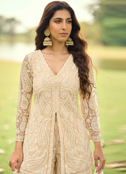 Cream Net Embroidery Work Eid Wear Readymade Plazzo Suit SW350253