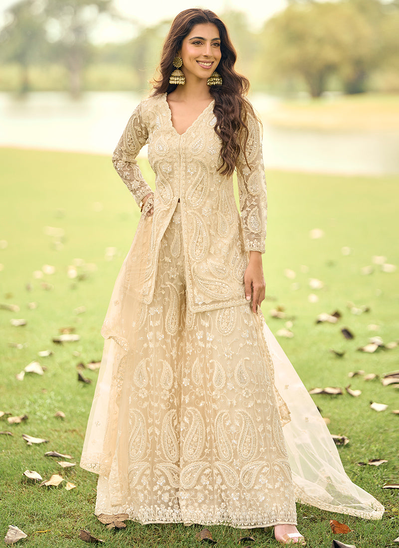 Cream Net Embroidery Work Eid Wear Readymade Plazzo Suit SW350253