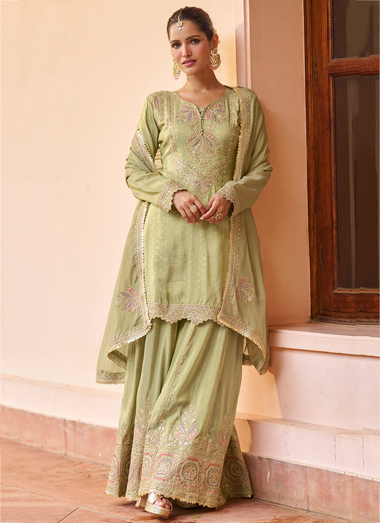 Pista Green Chinon Sequins Work  Wedding Wear Readymade Plazzo Suit SW217704