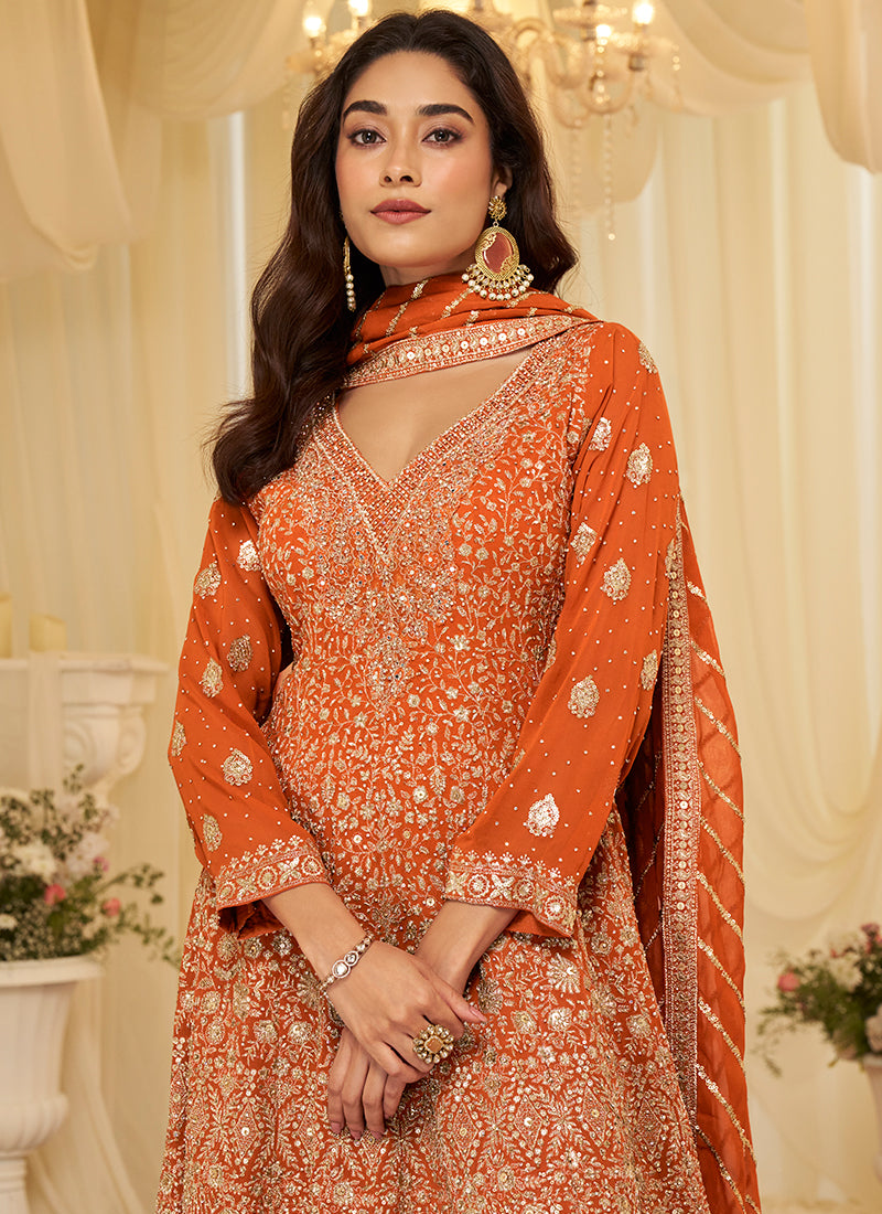 Rust Orange Georgette Embroidery Work Wedding Wear Readymade Plazzo Suit SW866675