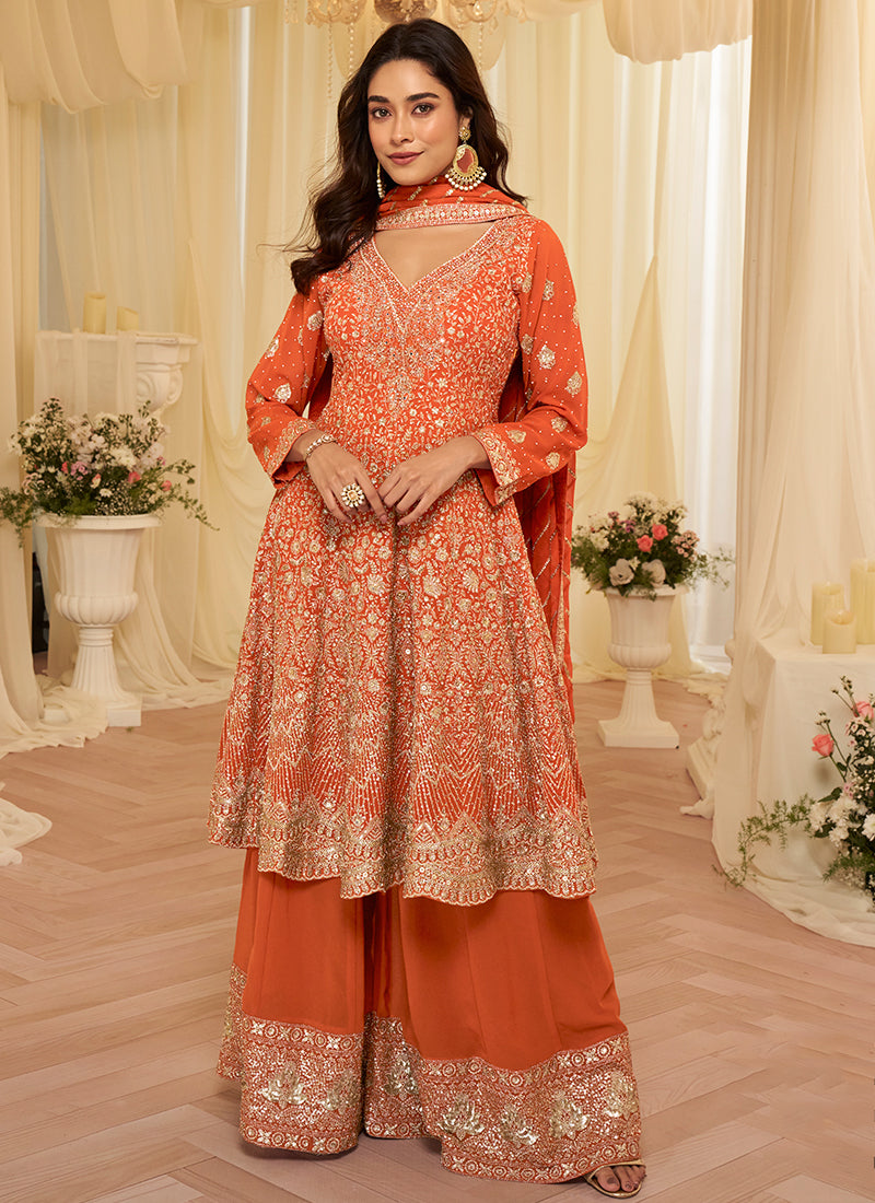 Rust Orange Georgette Embroidery Work Wedding Wear Readymade Plazzo Suit SW866675