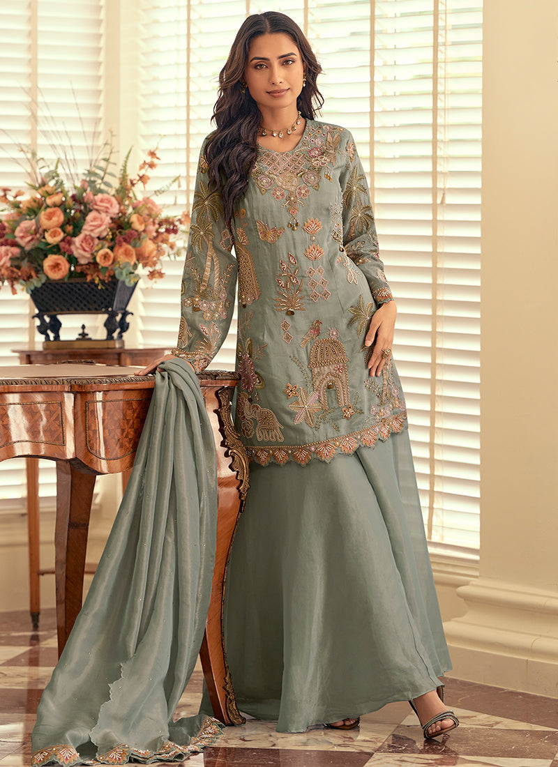 Sage Green Shimmer Silk Hand Work Party Wear Readymade Plazzo Suit SW314648