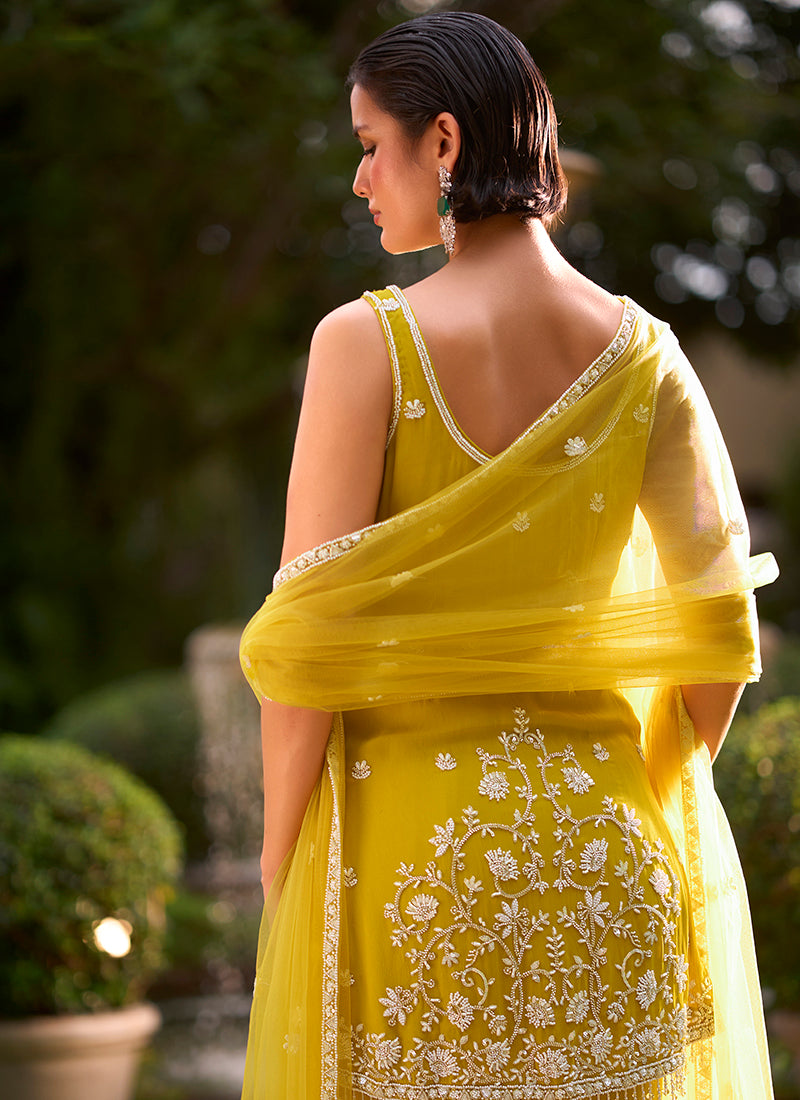 Yellow Georgette Thread Work Wedding Wear Readymade Plazzo Suit SW406023