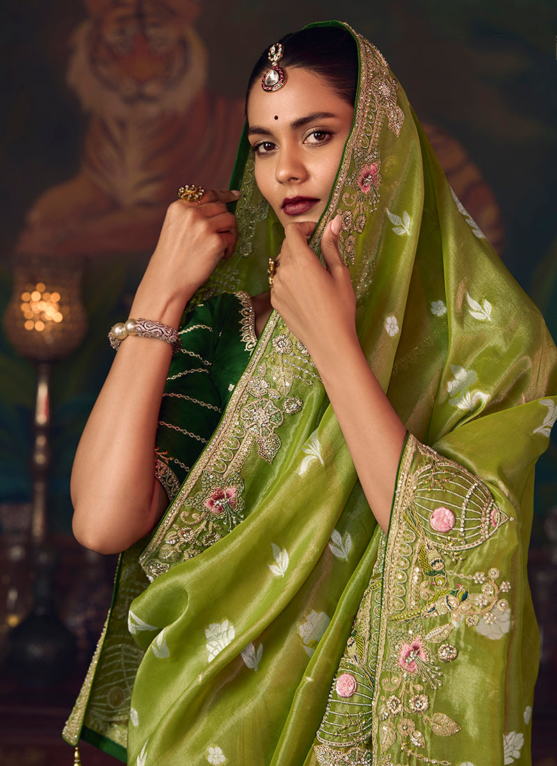 Silk Green Wedding Wear Embroidery Work Saree 386915