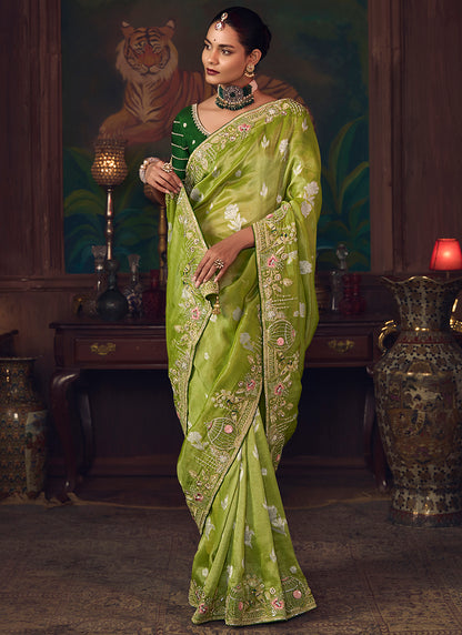 Silk Green Wedding Wear Embroidery Work Saree 386915