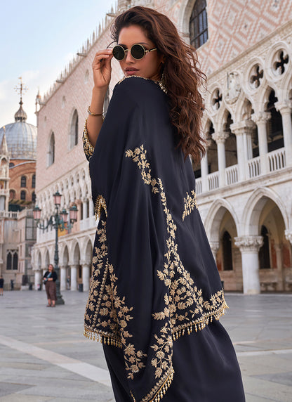 Crepe Navy Blue Party Wear Embroidery Work Readymade Indo-Western Suit 387067