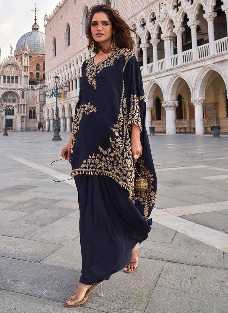 Crepe Navy Blue Party Wear Embroidery Work Readymade Indo-Western Suit 387067