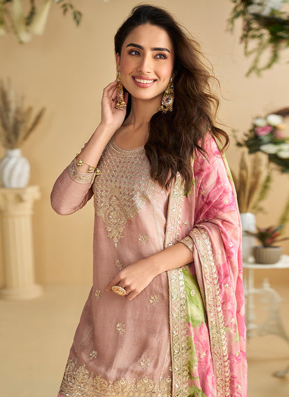 Chinon Pink Wedding Wear Sequins Work Readymade Plazzo Suit 386996