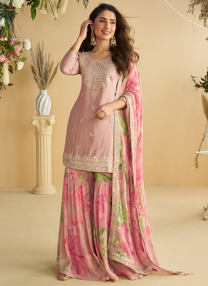 Chinon Pink Wedding Wear Sequins Work Readymade Plazzo Suit 386996