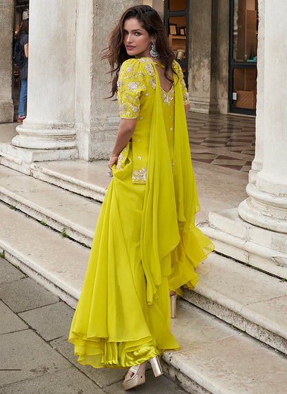 Organza Lime Green Party Wear Embroidery Work Readymade Plazzo Suit 386338