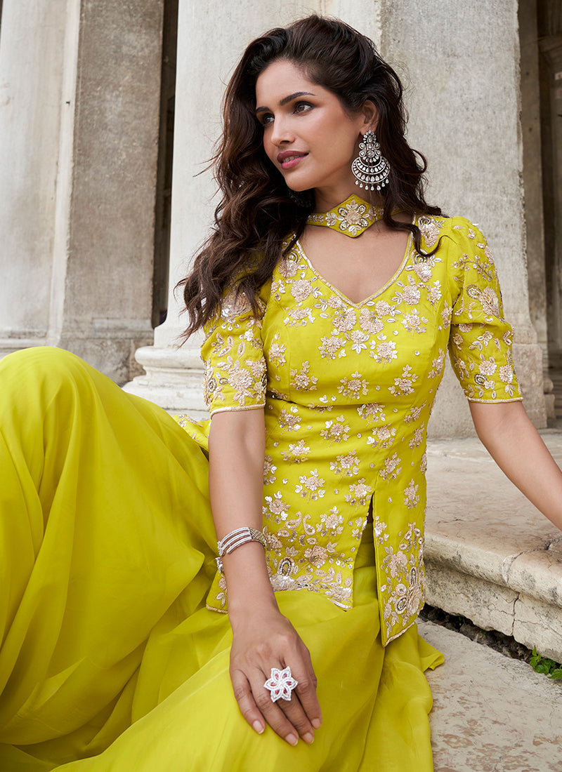 Organza Lime Green Party Wear Embroidery Work Readymade Plazzo Suit 386338