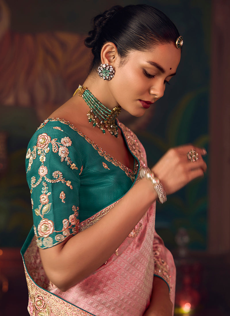 Silk Light Pink Wedding Wear Embroidery Work Saree 386916