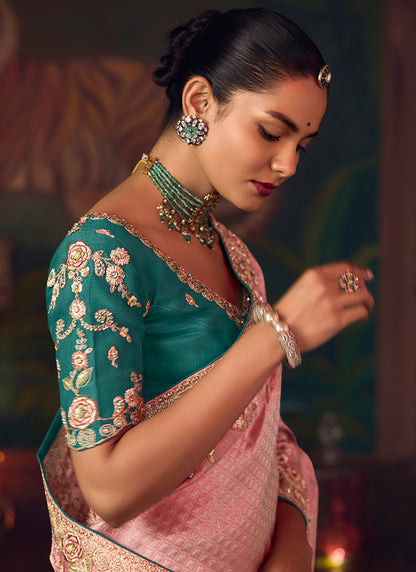 Silk Light Pink Wedding Wear Embroidery Work Saree 386916