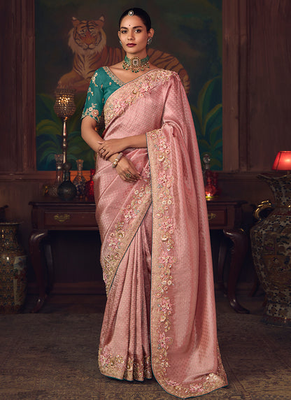 Silk Light Pink Wedding Wear Embroidery Work Saree 386916