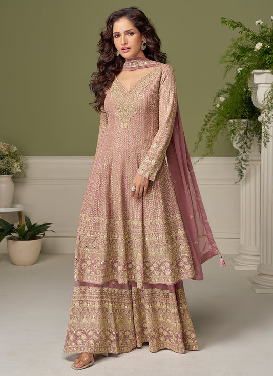 Dusty Rose Georgette Sequins Work Wedding Wear Readymade Plazzo Suit SW868808