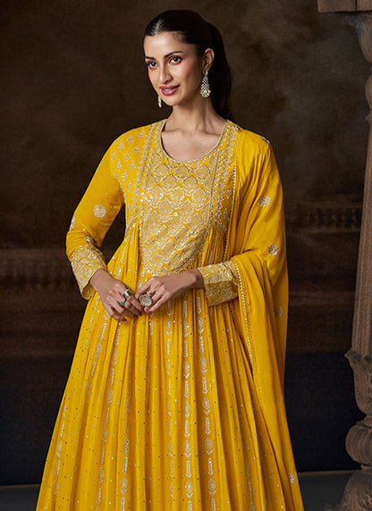 Mustard Georgette Embroidery Work Wedding Wear Readymade Anarkali Suit SW946269