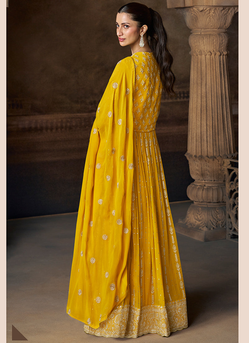 Mustard Georgette Embroidery Work Wedding Wear Readymade Anarkali Suit SW946269