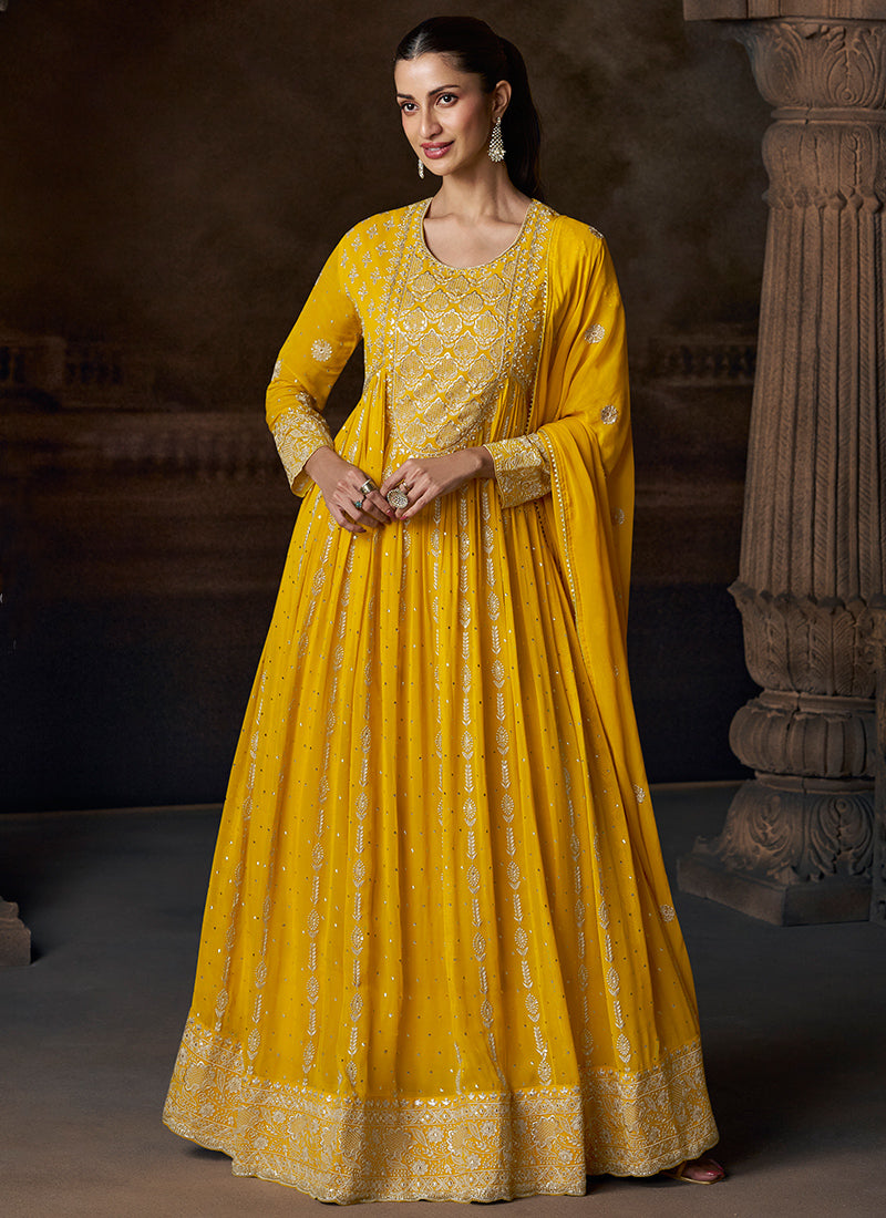 Mustard Georgette Embroidery Work Wedding Wear Readymade Anarkali Suit SW946269