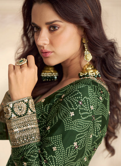 Green Silk Printed Work Wedding Wear Readymade Anarkali Suit SW387348