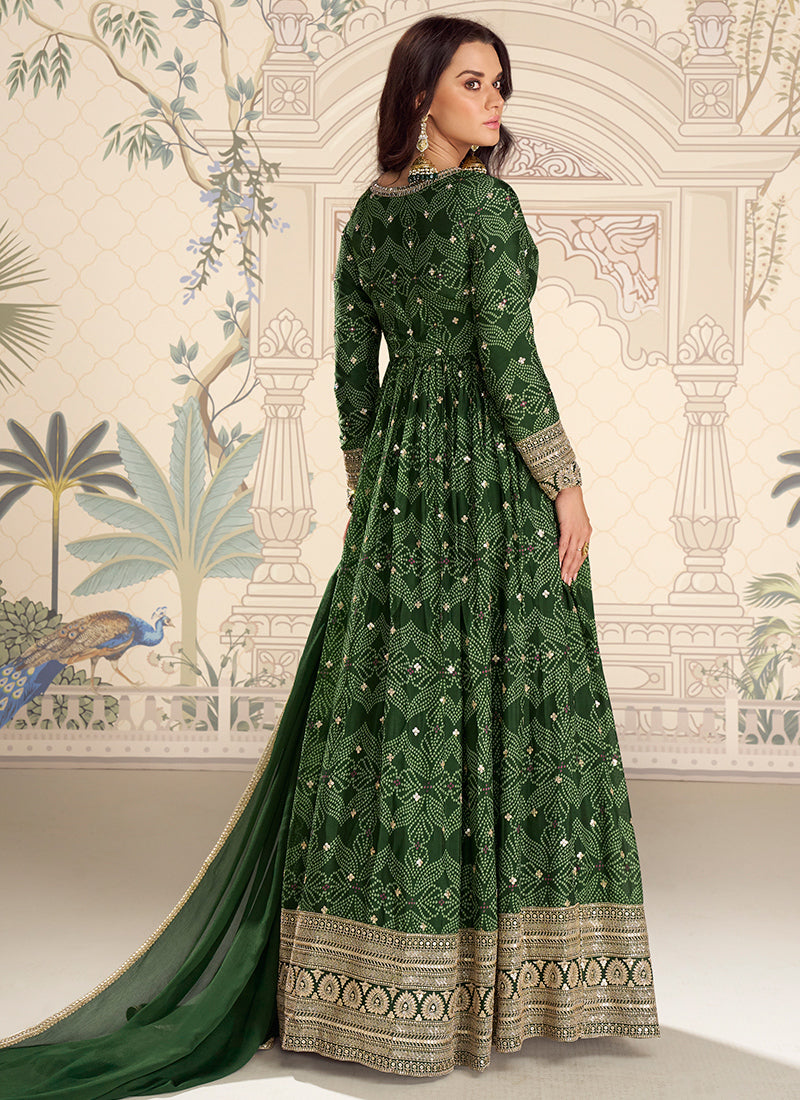Green Silk Printed Work Wedding Wear Readymade Anarkali Suit SW387348