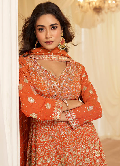 Rust Orange Georgette Embroidery Work Wedding Wear Readymade Plazzo Suit SW866675