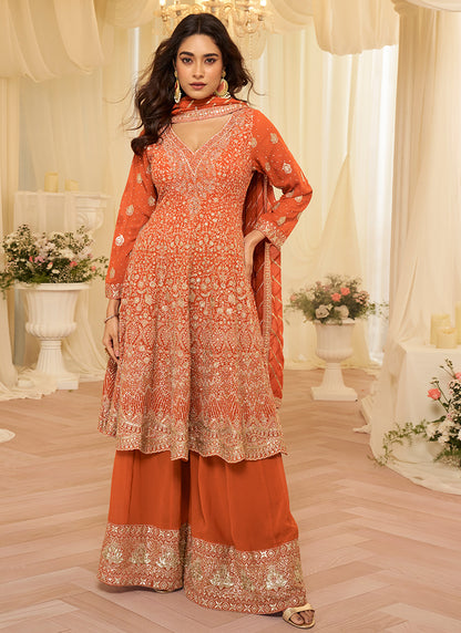 Rust Orange Georgette Embroidery Work Wedding Wear Readymade Plazzo Suit SW866675