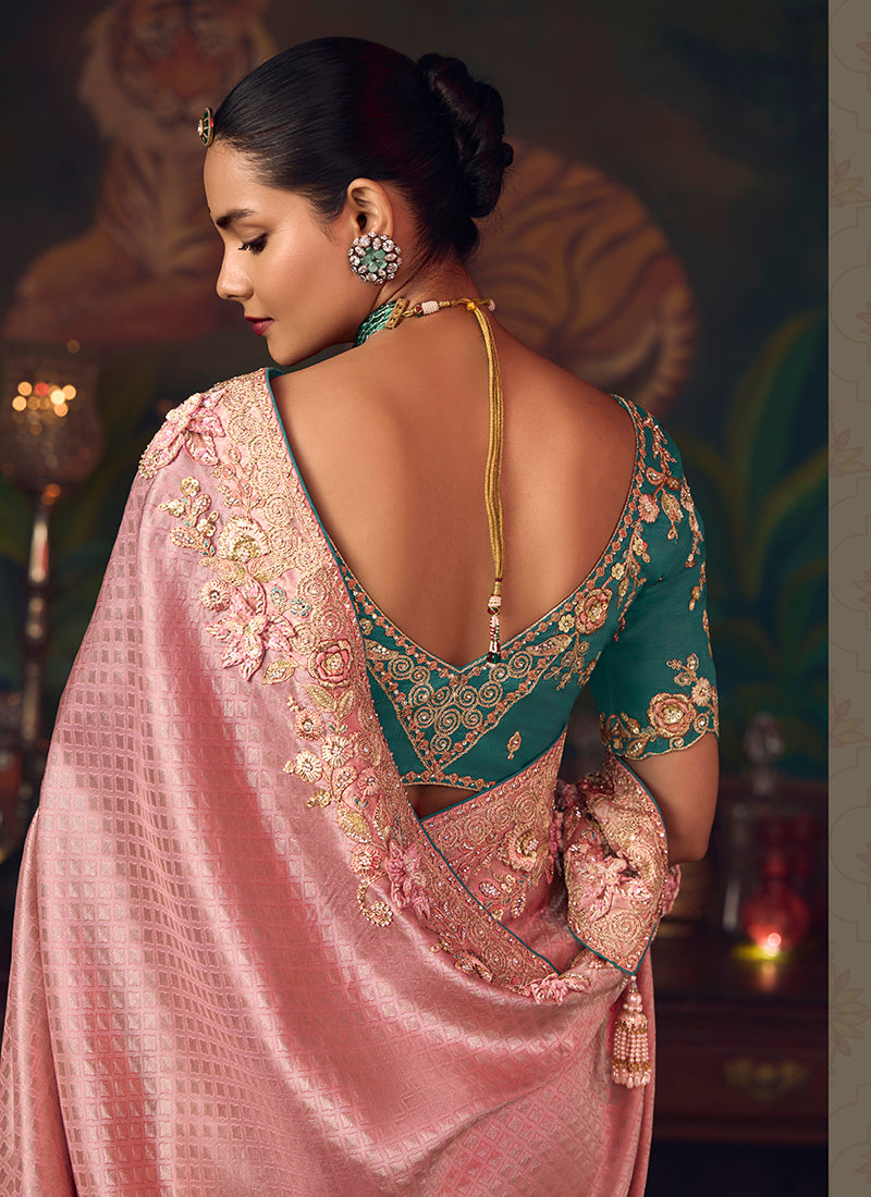 Silk Light Pink Wedding Wear Embroidery Work Saree 386916