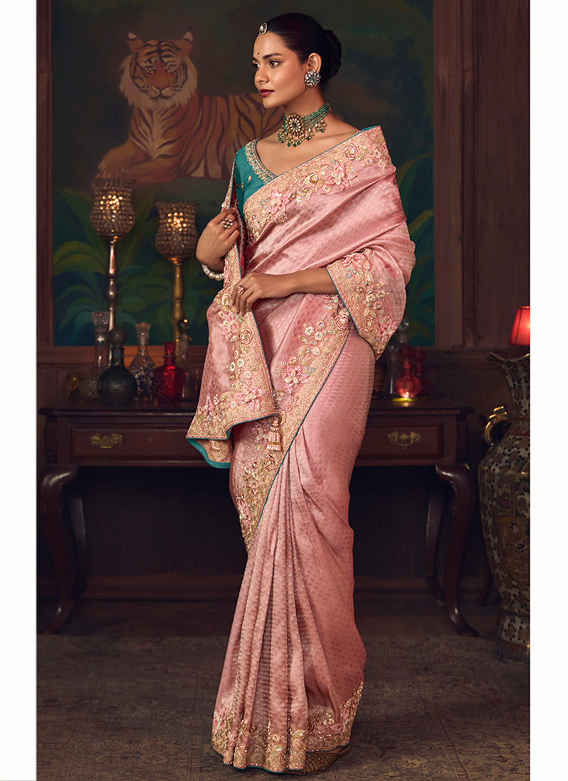 Silk Light Pink Wedding Wear Embroidery Work Saree 386916