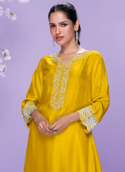 Silk Yellow Casual Wear Embroidery Work Readymade Kurti 380634