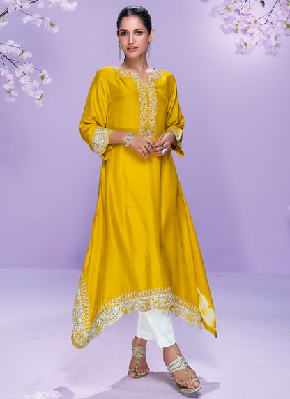 Silk Yellow Casual Wear Embroidery Work Readymade Kurti 380634