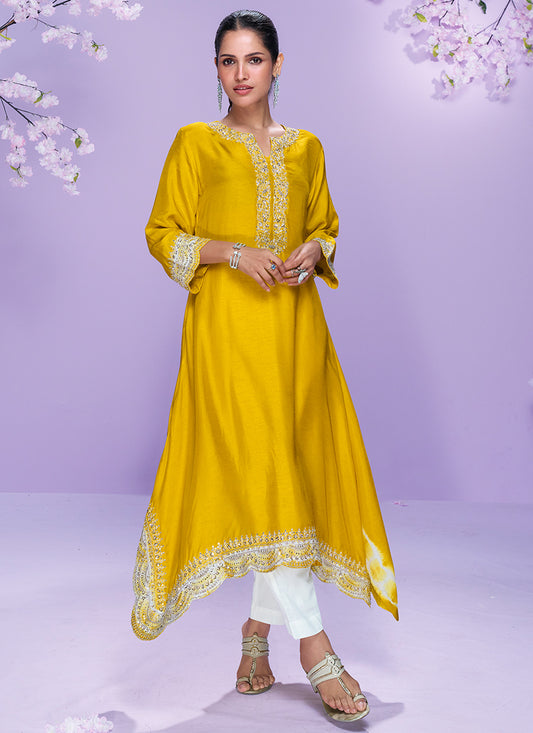 Silk Yellow Casual Wear Embroidery Work Readymade Kurti 380634