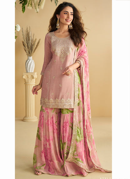 Chinon Pink Wedding Wear Sequins Work Readymade Plazzo Suit 386996