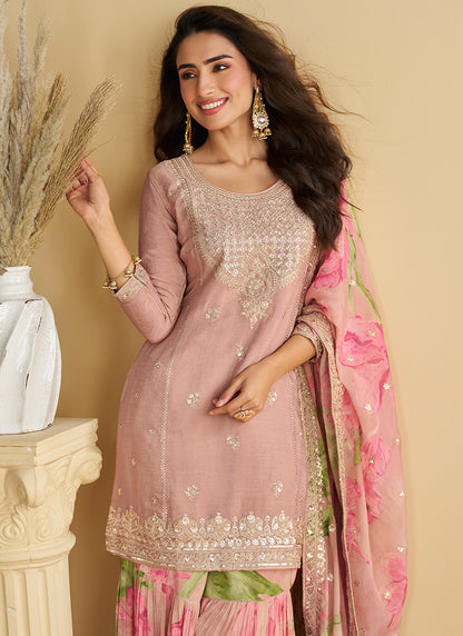 Chinon Pink Wedding Wear Sequins Work Readymade Plazzo Suit 386996