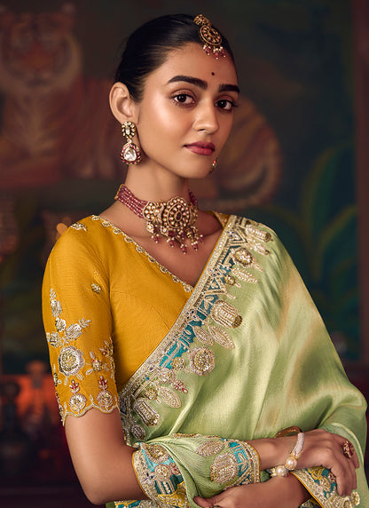 Silk Pista Green Wedding Wear Embroidery Work Saree 386917