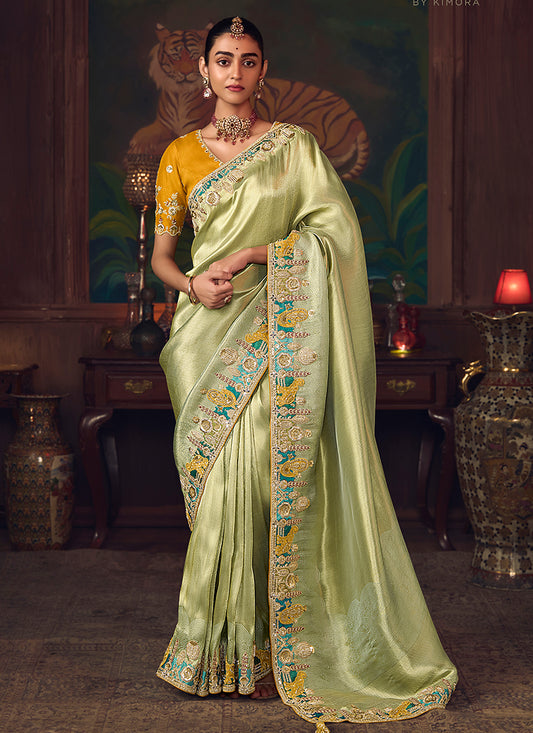 Silk Pista Green Wedding Wear Embroidery Work Saree 386917