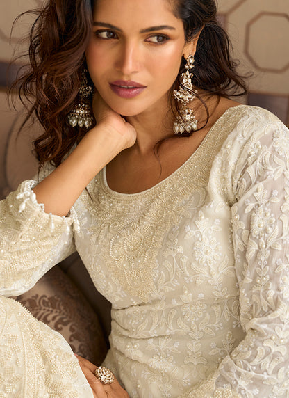Georgette White Wedding Wear Embroidery Work Readymade Plazzo Suit 387064