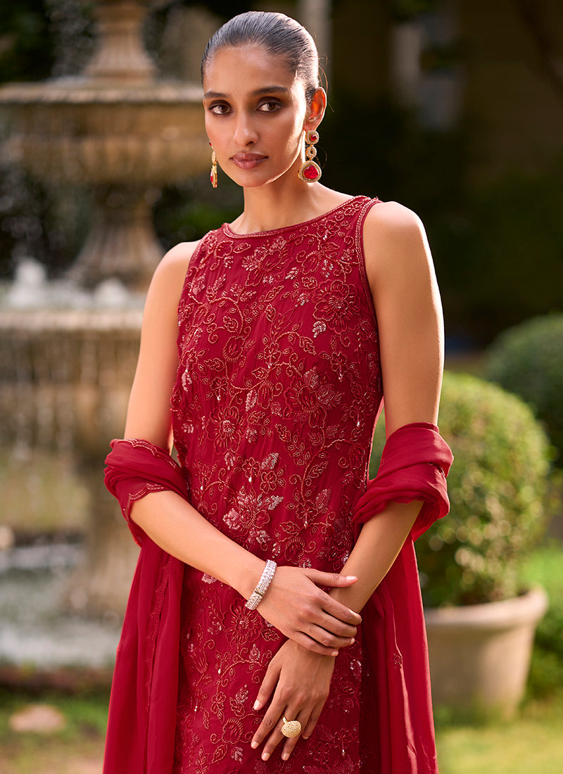 Red Georgette Thread Work Wedding Wear Readymade Plazzo Suit SW406024