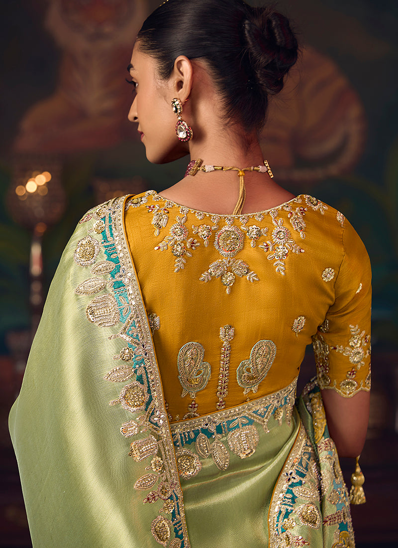 Silk Pista Green Wedding Wear Embroidery Work Saree 386917